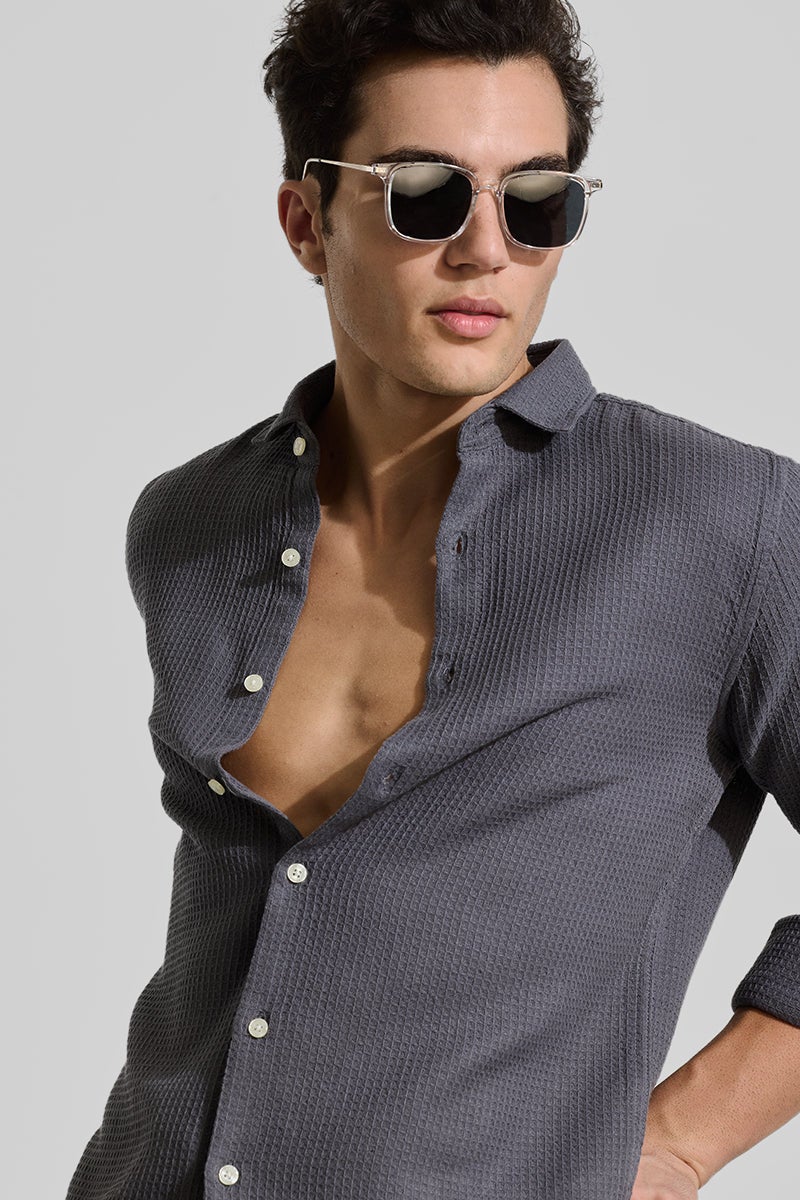 SNITCH Charcoal Grey Slim Fit Textured Shirt - Image 5